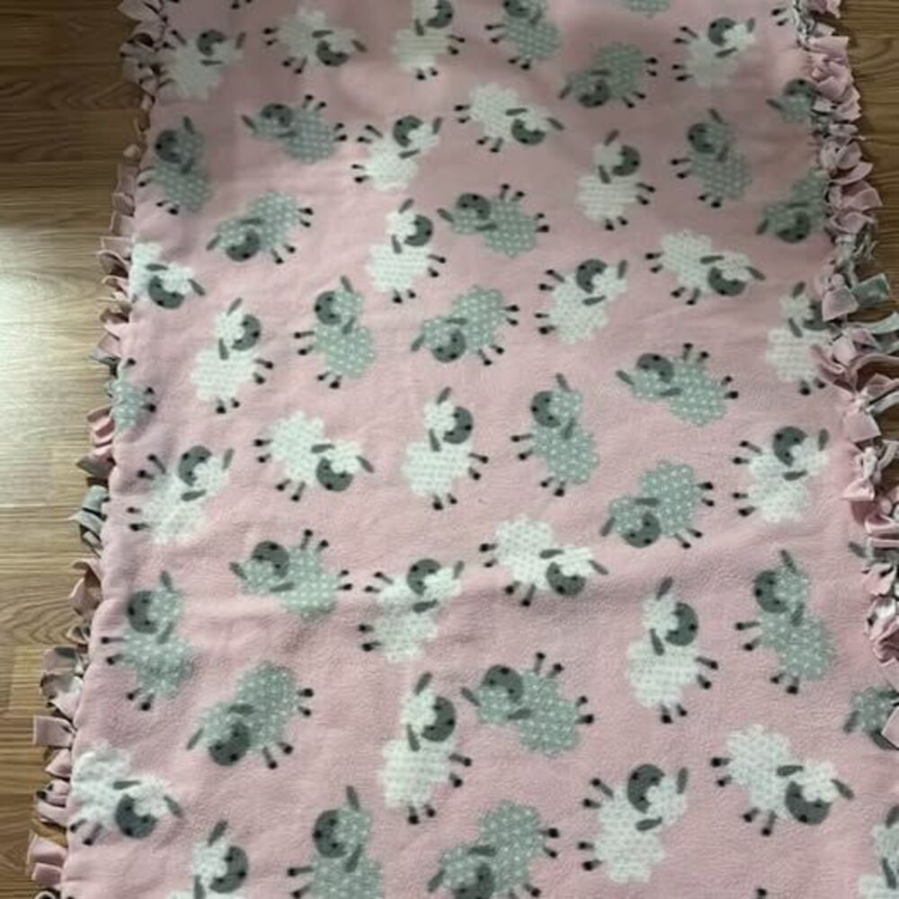 Handmade Pink Sheep Fleece Tie Baby Blanket